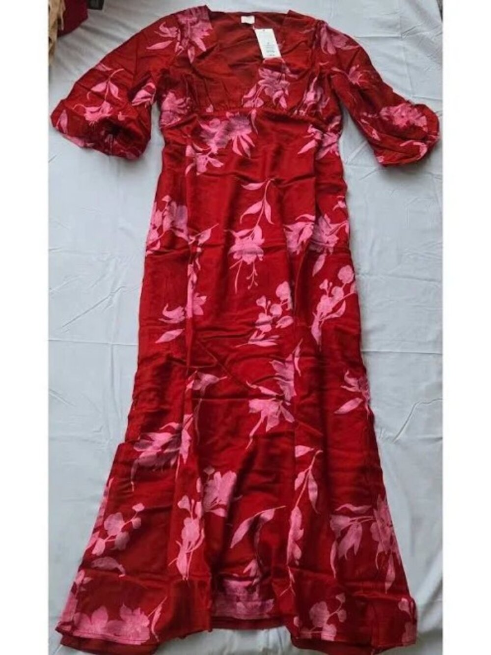 A New Day Red Floral Tie Neck Maxi Dress XS 3/4 Sleeve V-Neck Flowy Boho